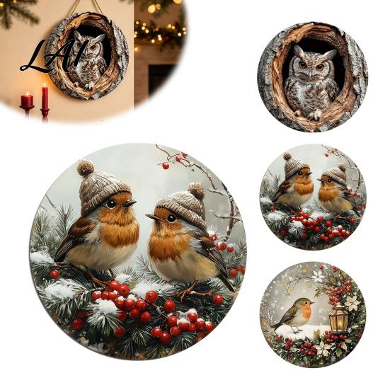 Nature Inspired Christmas Decor Wooden Winter Bird Hanging Sign Rustic Decorative Wall Plaque with Owl Pattern Home Decoration Rope 2D Flat Art for