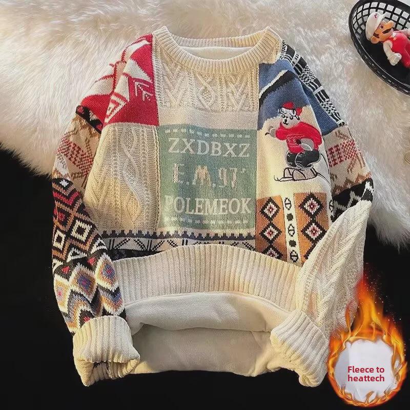 Модный новогодний красный рождественский свитер: Плюс бархатное утолщенное трикотажное пальто