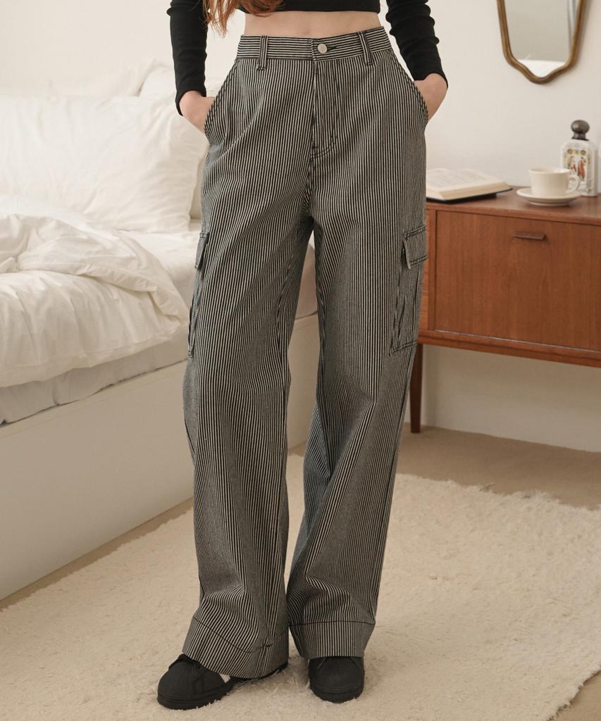 LOSSYROW Stripe Washed Cargo Denim Pants Black