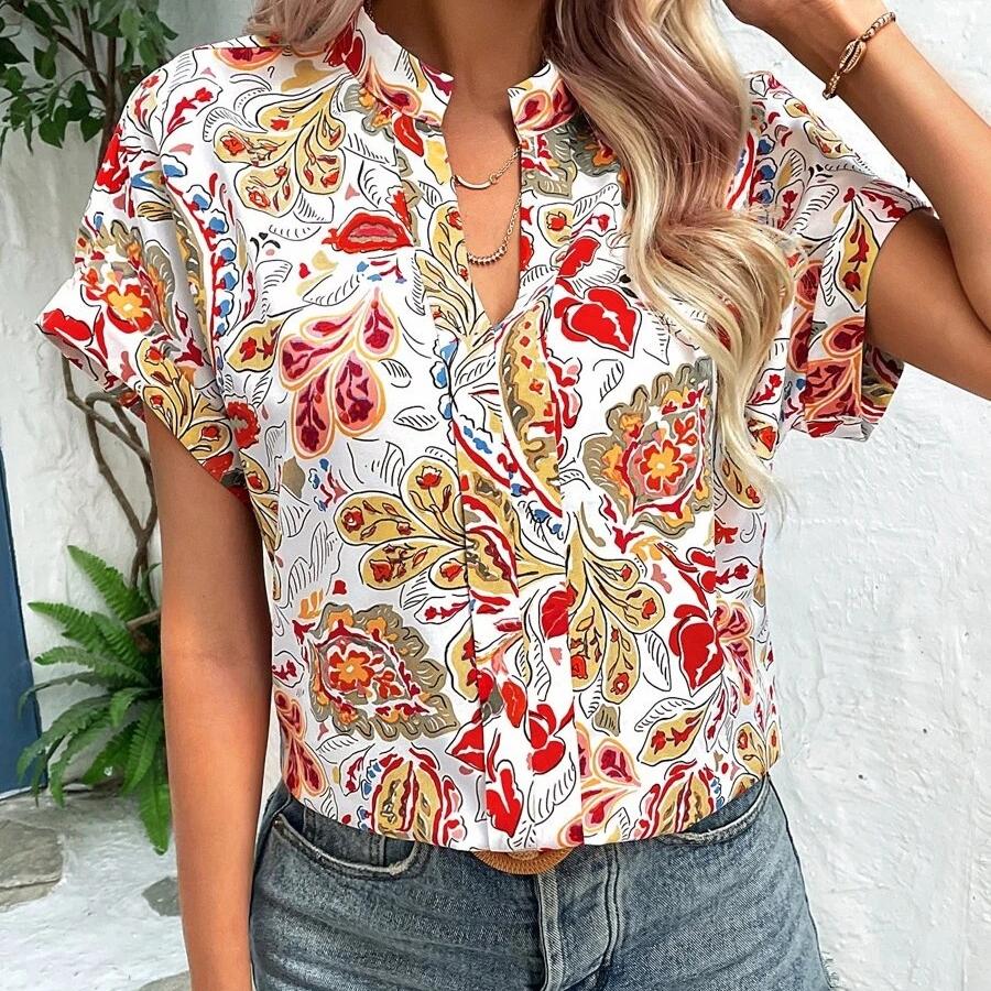 DAFIFY Женская мода лето весна повседневные блузки и рубашки с цветочным узором и принтом с коротким рукавом и v-образным вырезом