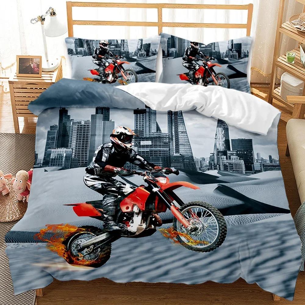 Motorbike Duvet Cover Set Motocross Rider Racing Motorcycle Dirt Bike Bedding Set Vehicles Extreme Sports Polyester Quilt Cover