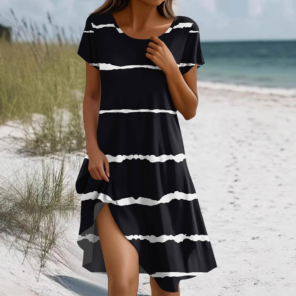 Short Sleeve Boho Dress For Women Casual Loose Fit Summer Sundress Floral Print Dress With Pockets