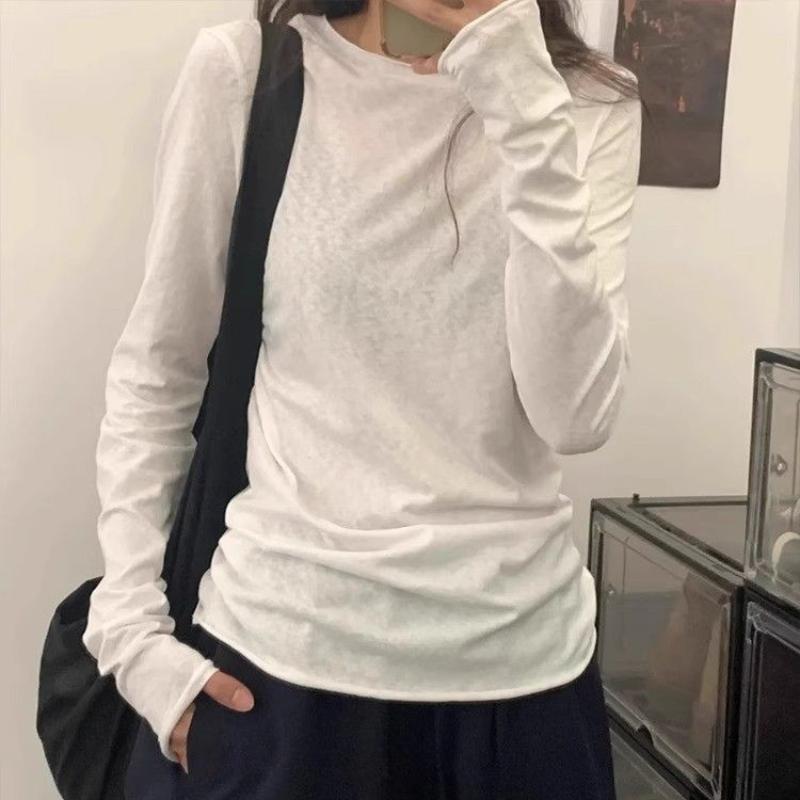 Белая футболка с длинным рукавом и подвернутым краем для женщин, тонкая и утягивающая базовая рубашка, простой и высококачественный топ