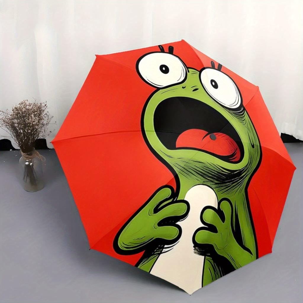 Automatic Open/Close Umbrella with Surprised Frog Design - Compact Folding Umbrella, Portable Travel Umbrella with 8-Rib Stron