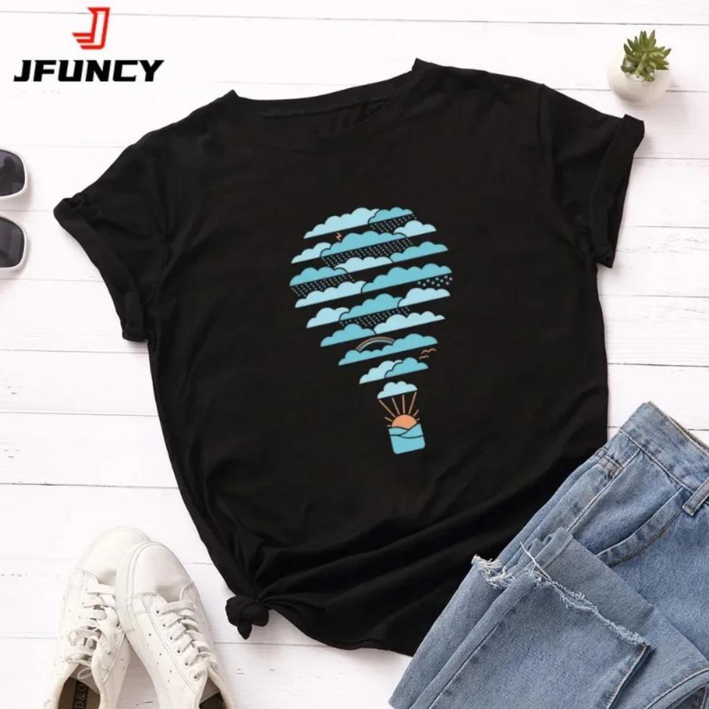 JFUNCY Свободные женские хлопковые футболки Женская футболка с коротким рукавом Печать с изображением воздушного шара Погода Летняя футболка Женские топы