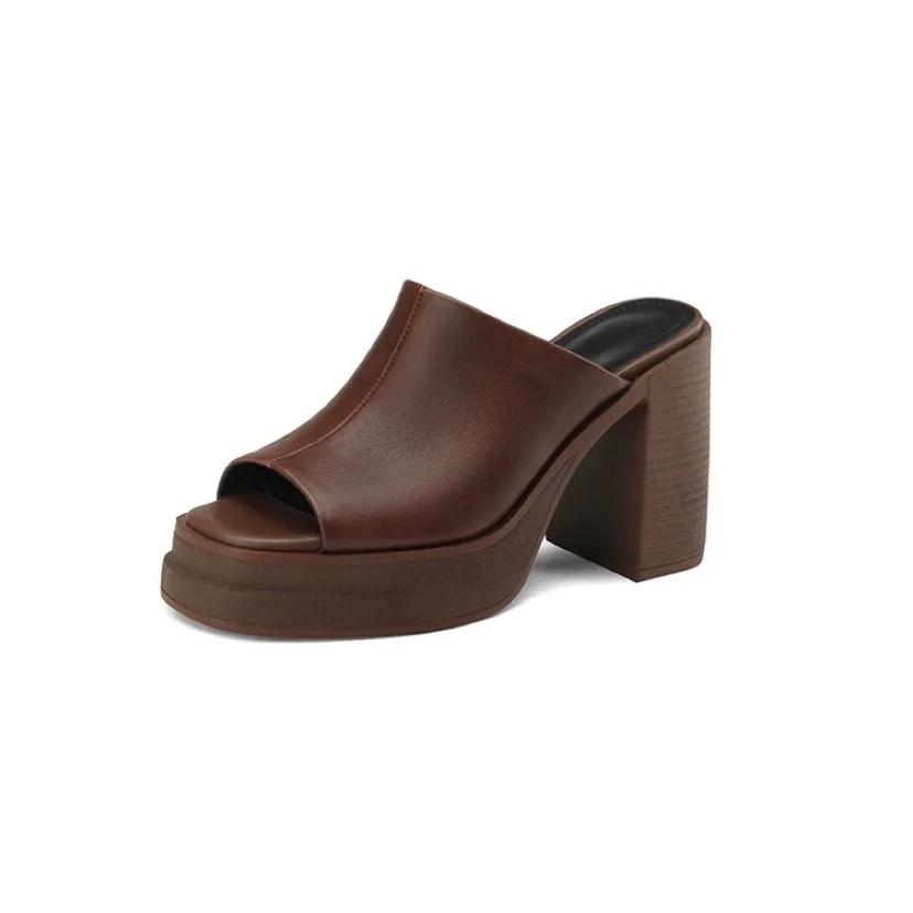 2024 2024 Женская обувь из натуральной кожи с открытым носком на платформе и высоком каблуке. Женские повседневные тапочки 2024 года, лето-весна, коричневые