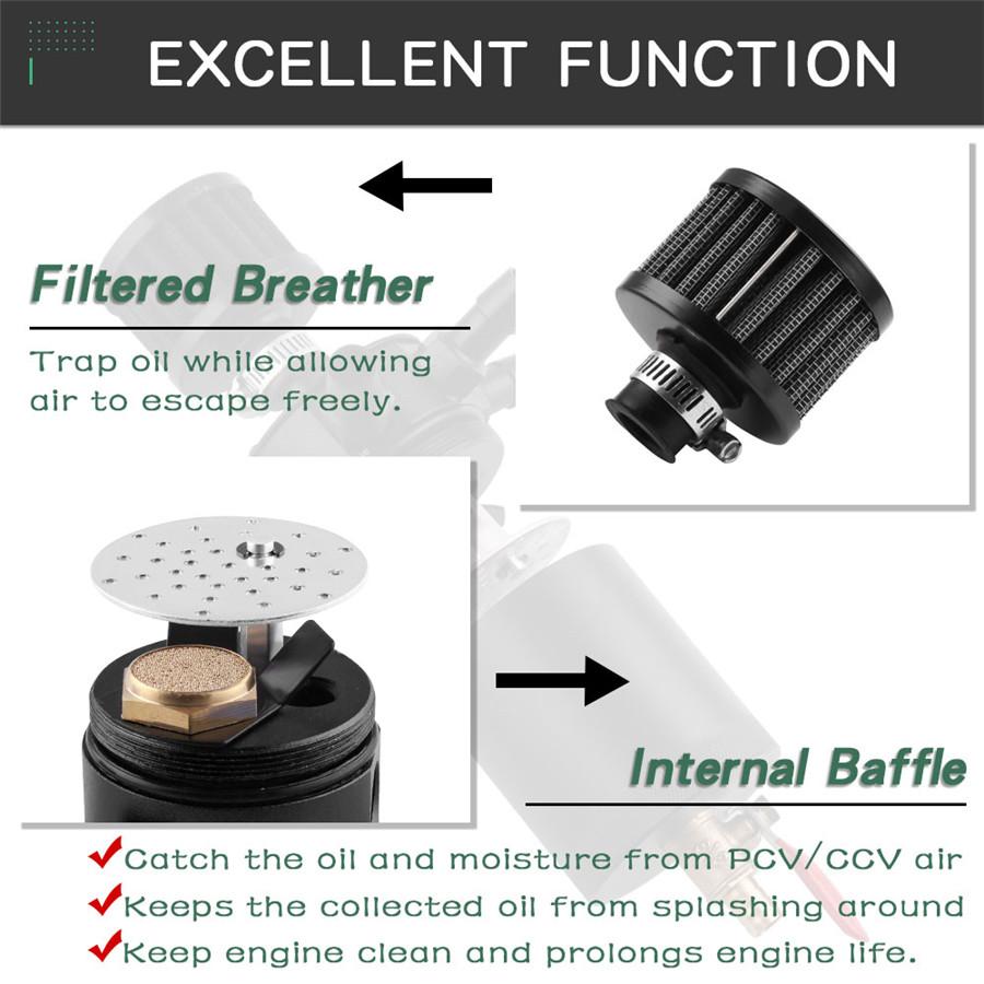 Universal 3-Port Baffled Oil Catch Can Tank Reservoir Oil Separator with Filter