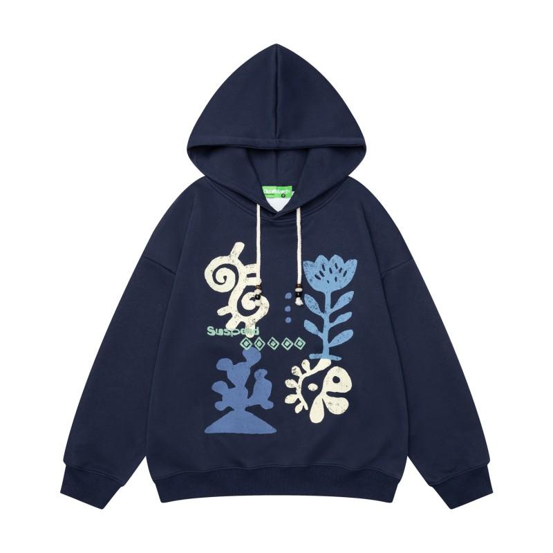 American Vintage Abstract Floral Print Beaded Drawstring Hoodie Loose Fit Casual Top Men Women