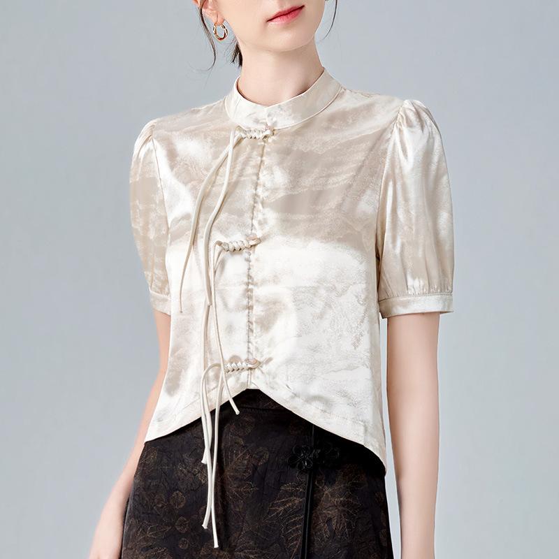 Stand-up Collar Button-up Shirt for Women New Chinese Women's New Silky Satin Shirt Chic Waist Top