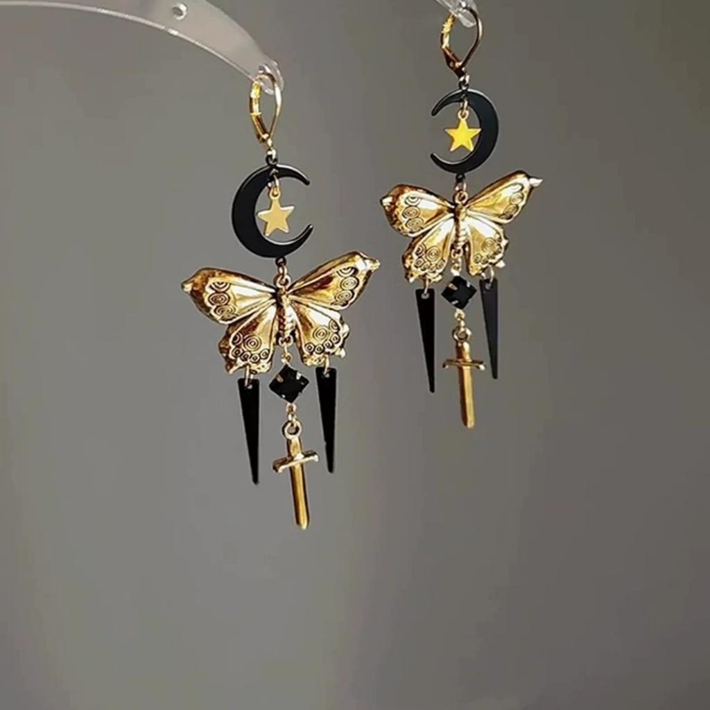 Luxury Female Black Stone Moon Star Butterfly Cross Gold Color Hoop Earrings For Women Charm Crystal Zircon Wedding Jewelry