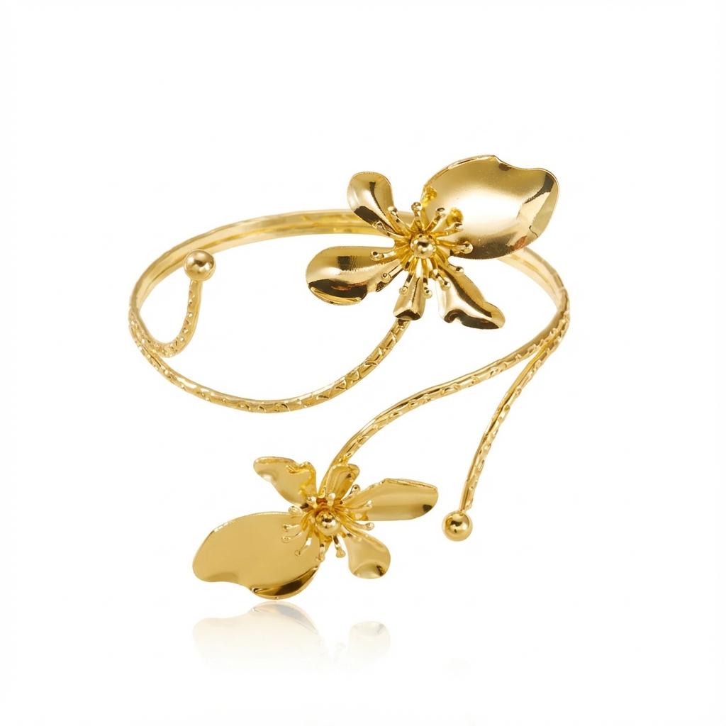 Vintage Elegant Gold Color Floral Arm Cuff Bangle for Women Trendy Adjustable Spiral Upper Arm Bracelet Summer Beach Jewelry