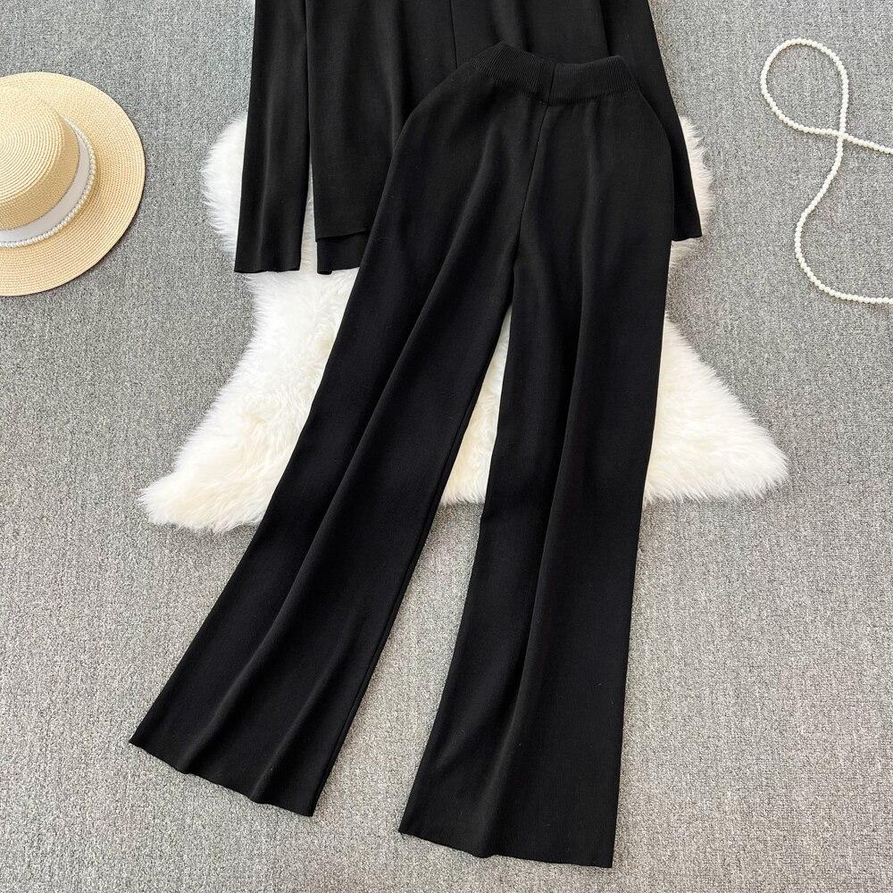 Fashion Collar Loose Long-sleeved Irregular Knit Tops High Waist Thin Straight Pants Two-piece Set