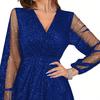 Women Spring Fall Dress Deep V Neck Long Mesh Sleeve Shiny Sequin Lantern Sleeve Double-layered Tight Waist Prom Cocktail Party Mini Dress