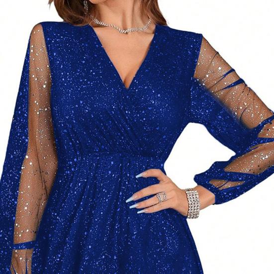 Women Spring Fall Dress Deep V Neck Long Mesh Sleeve Shiny Sequin Lantern Sleeve Double-layered Tight Waist Prom Cocktail Party Mini Dress