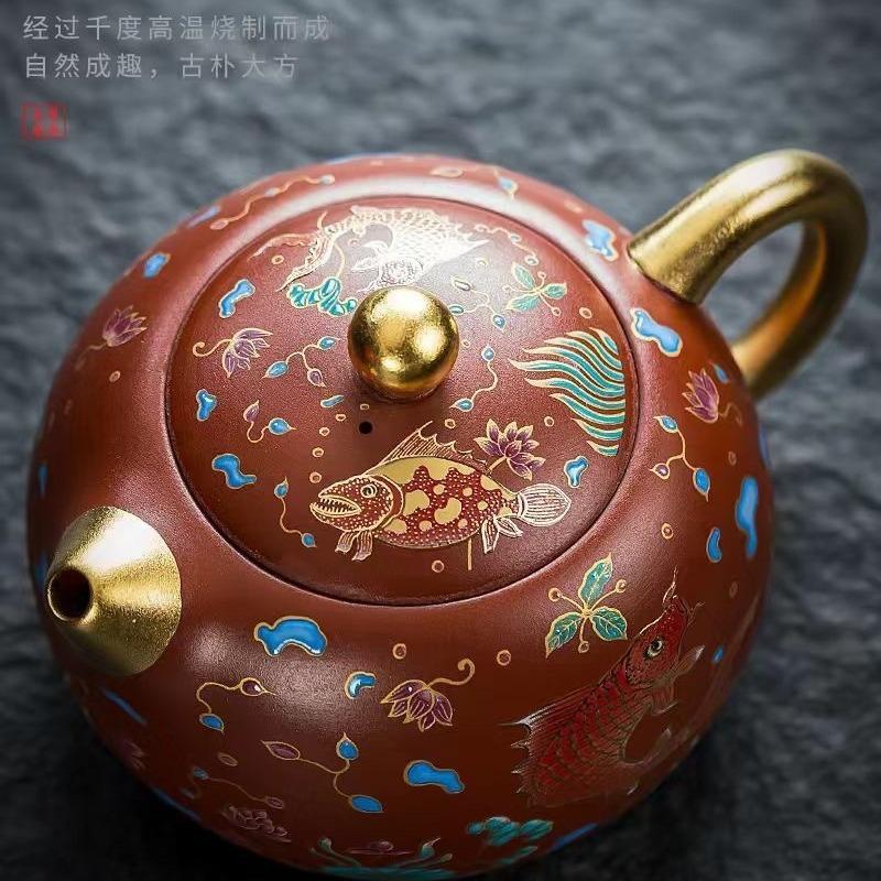 Purple sand Xishi pot, one pot and two cups, master handmade household tea set, Zhu Ni Dahongpao gilt high-end gift box set