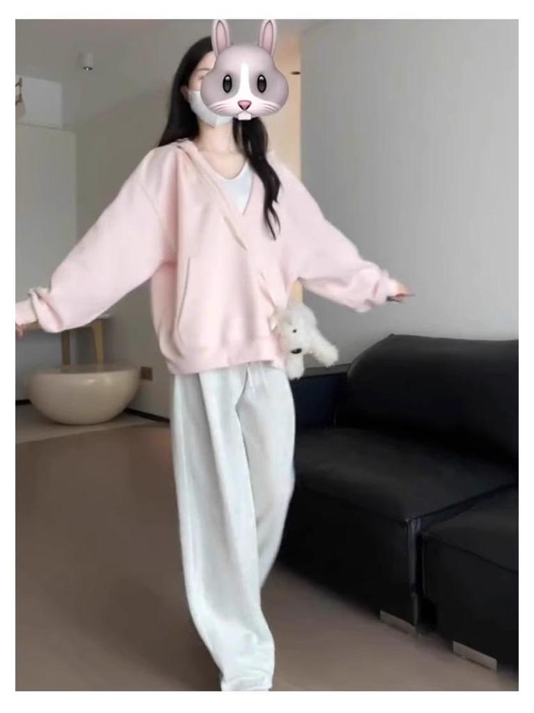 Женский розовый худи с V-образным вырезом и капюшоном: Топ с длинным рукавом в корейском стиле 2025 года для весны/осени