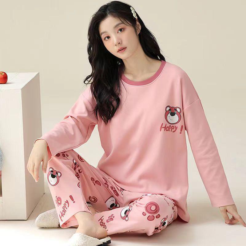 Женский пижамный комплект с длинным рукавом - Милый мультяшный принт, Большой размер, для весны и осени, для дома/улицы