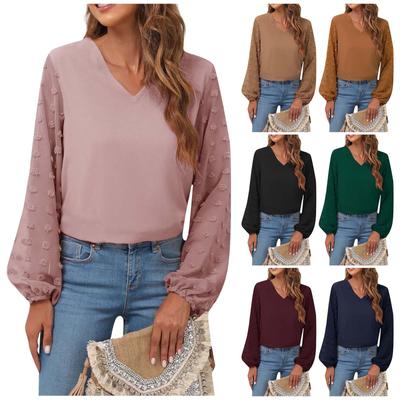 Женская повседневная модная однотонная футболка с v-образным вырезом и длинным рукавом из кружевного топа