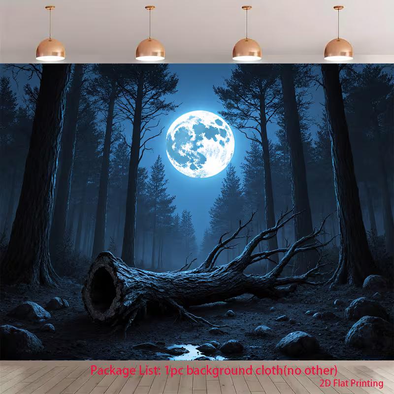 2D Full Moon Forest Banner, Dark Blue Night Woods with Fallen Tree