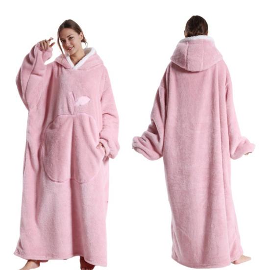 Winter Wearable Blanket Bathrobe with Big Pocket Thick Double-sided Fleece Loose Long Sleeves Pajamas Heat Retention Full Protection Home Lazy