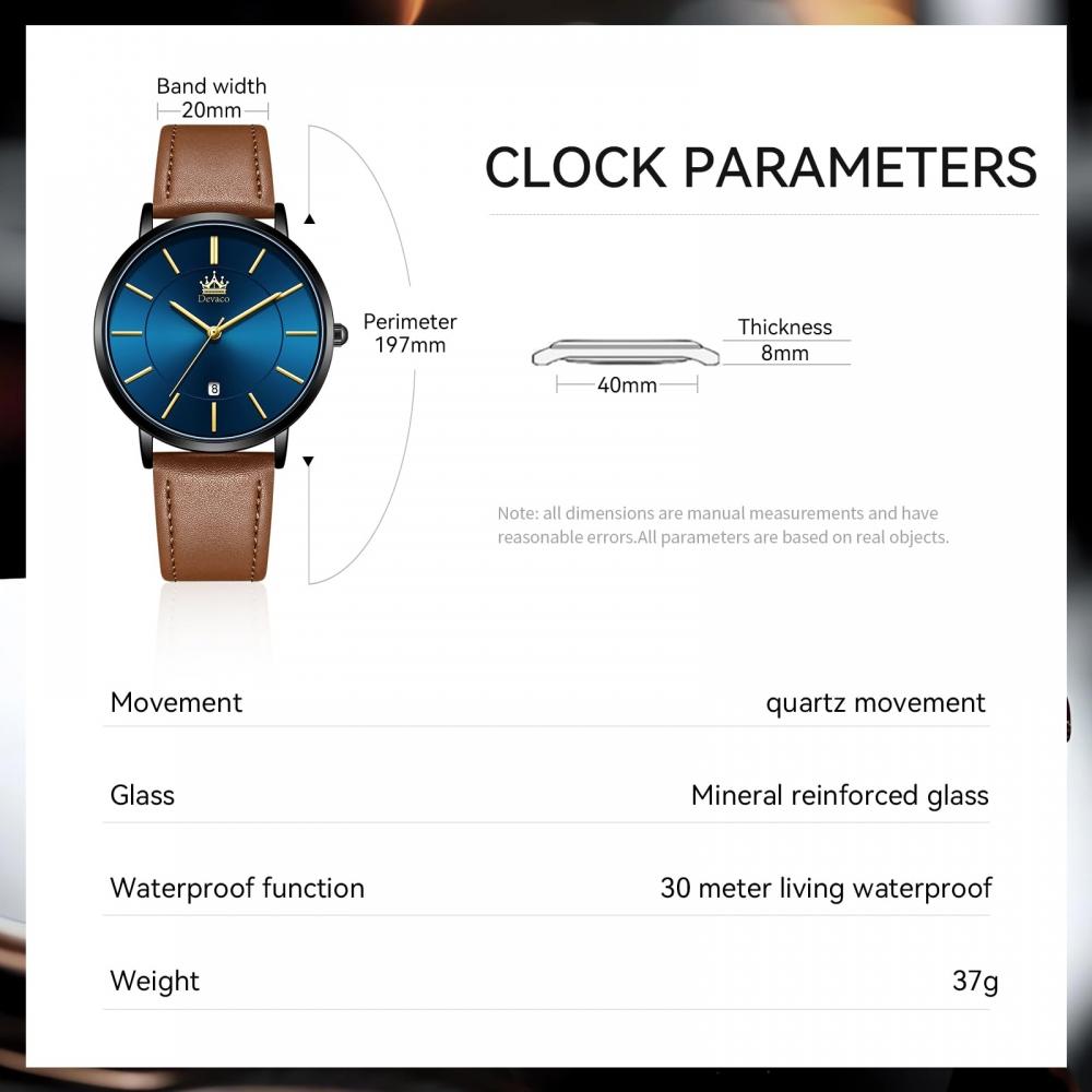 Men's Watch Ultra Thin 6.5MM Simple Fashion Casual Business Watch Japanese Quartz Movement 40mm Dial Genuine Leather Band Unisex Watch for Men