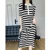 Летнее женское трикотажное платье с воротником-поло, средней длины, свободное повседневное платье в полоску, освежающее, подходящее ко всему