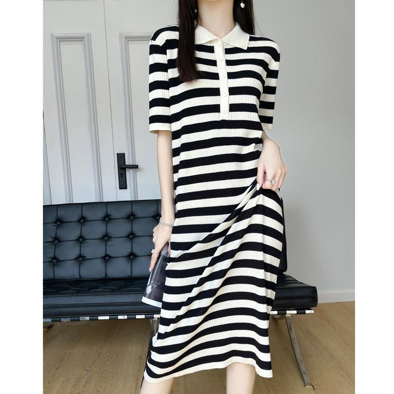 Летнее женское трикотажное платье с воротником-поло, средней длины, свободное повседневное платье в полоску, освежающее, подходящее ко всему