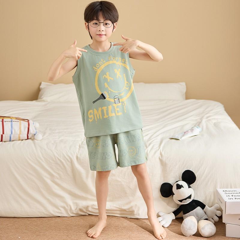 Boys Cotton Sleeveless Pajama Set Lightweight Home Wear Cartoon Print Ages 8