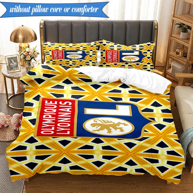 3PCS Lyon Football Crest Design Printed Soft Bedding Set,Including 1pc Duvet Cover And 2pcs Pillowcases Perfect for Bedroom, Dormitory, Fan gift