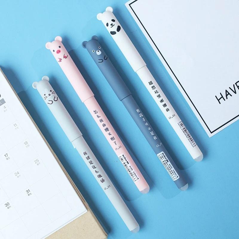 4-24Pcs Kawaii Erasable Gel Pen Set Cartoon Animals Cute Cat Erasable Pen Erasable Refill Rod Washable Handle Pen Grip