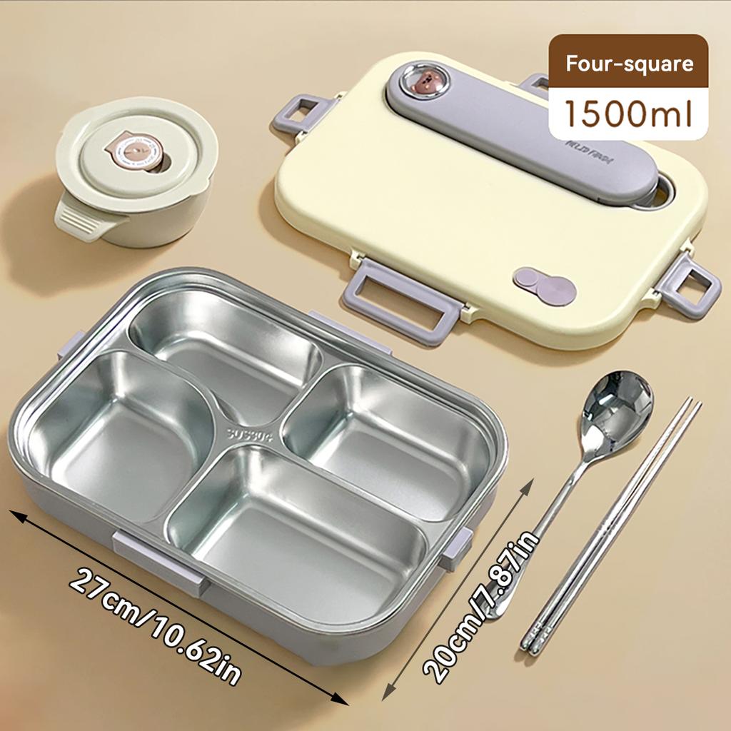4/5 Grids Portable Bento Box With Bowl & Cutlery 304 Stainless Steel Divided Lunch Box Microwave Heatable Lunch Container Set