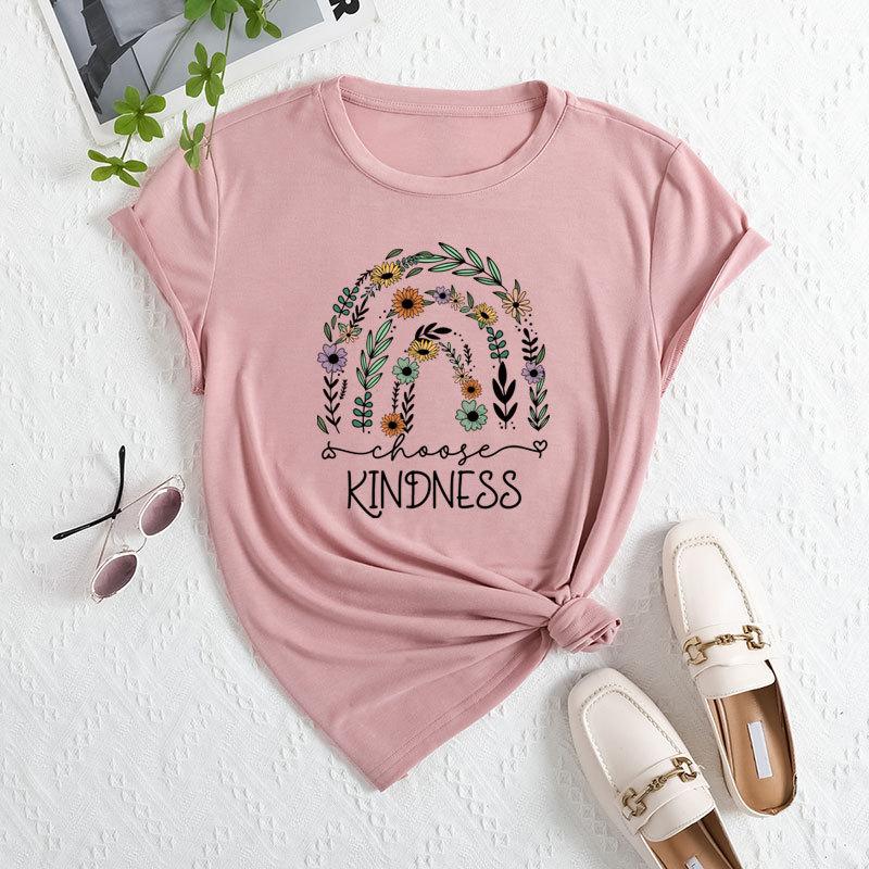 Летние женские футболки свободного покроя с цветочным принтом и круглым вырезом из чистого хлопка с короткими рукавами для женщин
