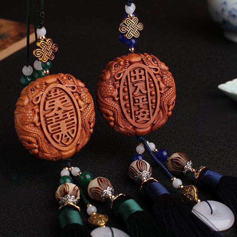 New Car Pendant Peach Wood Safety In And Out Ornament Double-sided Carving Tassel Decorations Men's Car Interior Accessories
