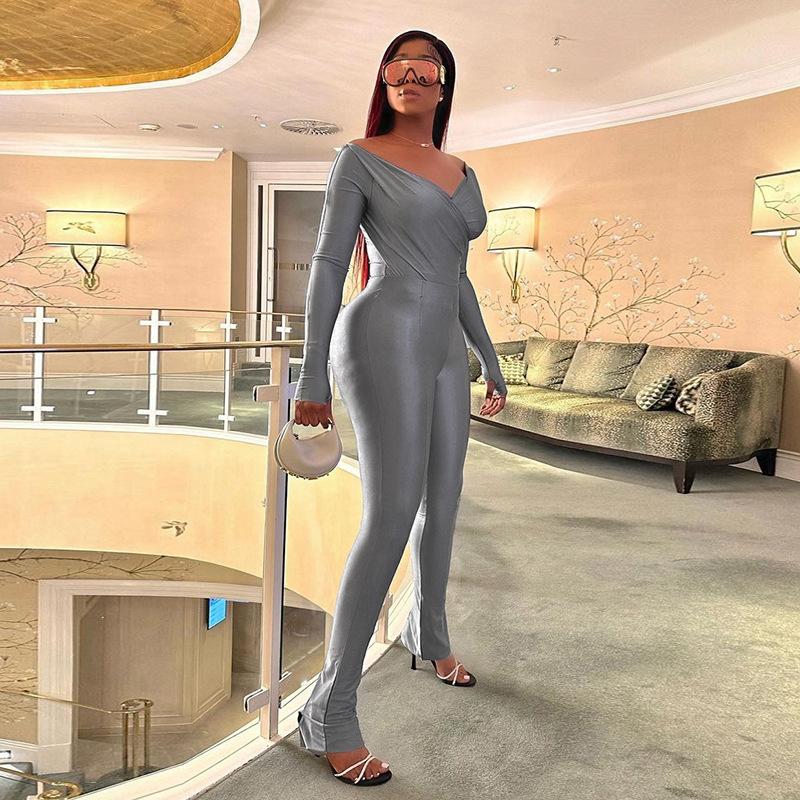 Inwomen повседневный брючный костюм с открытыми плечами и V-образным вырезом