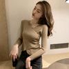 Khaki Short Knitted Bottoming Shirt Women's Autumn Popular Style Sweater Slim-fitting Long-sleeved Top