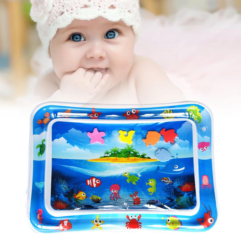 Baby Water Play Mat PVC Inflatable Fish Patterns Rectangle Shaped Water Pad for Children Blue