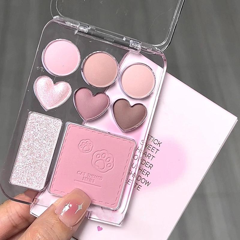 Pink Orange Eyeshadow Palette 8-Colors Facial Blusher Highlighters Brightening Lasting Heart-shaped Eye Shadow Make Up Cosmetics