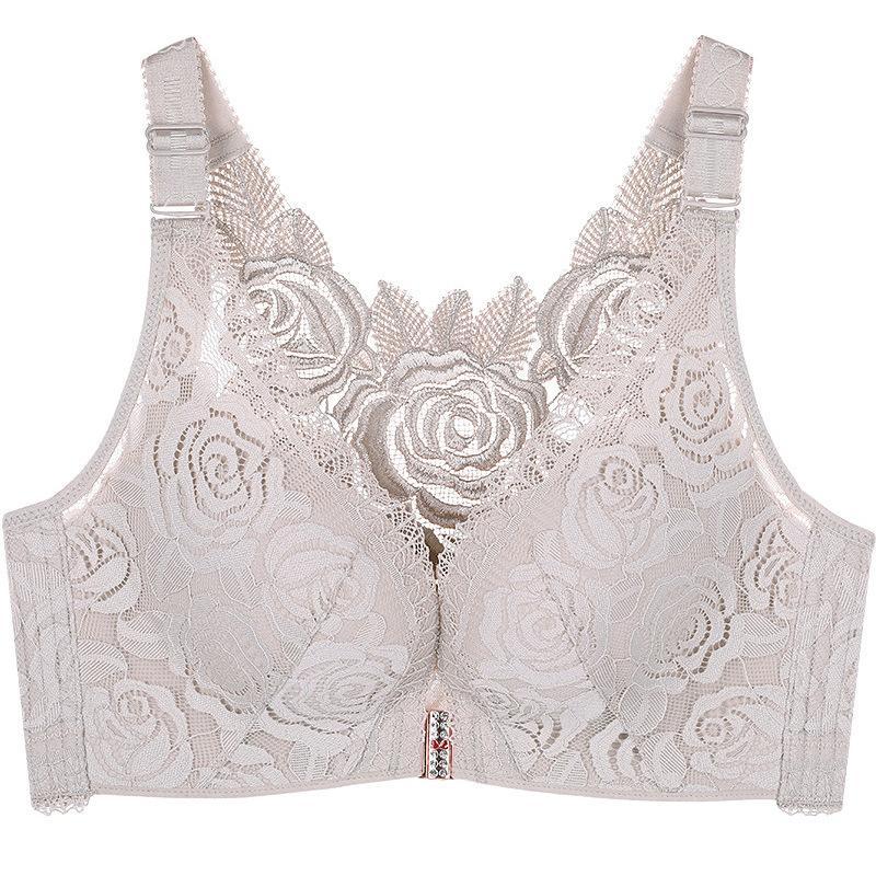 Gathered Adjustable Wire-Free Front-Hook Plus Size Bra with Large Cup and Rose Beautiful Back Lace Sexy Lingerie