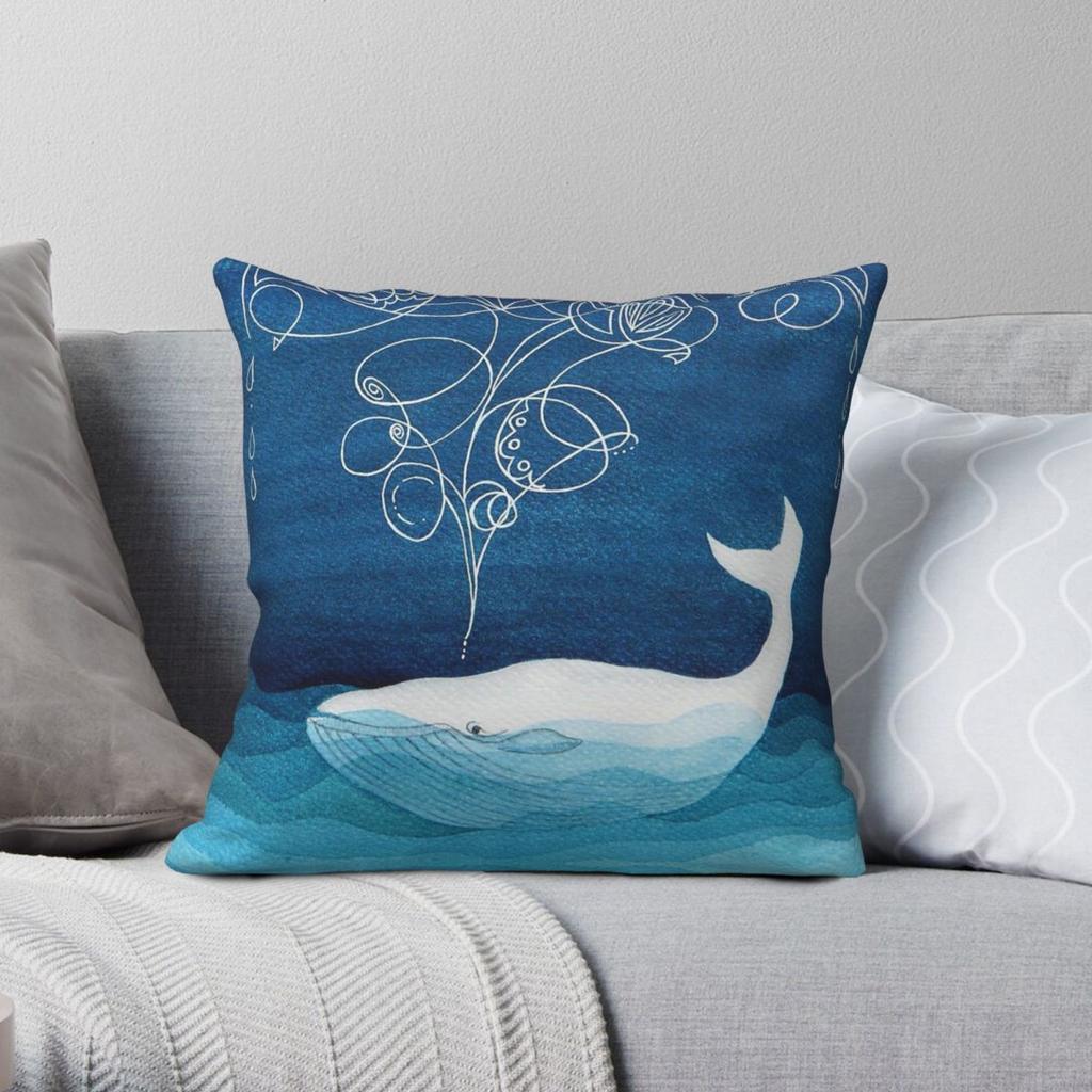 Happy Whale Animals Teal Blue Pillowcase Polyester Linen Velvet Pattern Zip Decorative Pillow Case Bed Cushion Cover