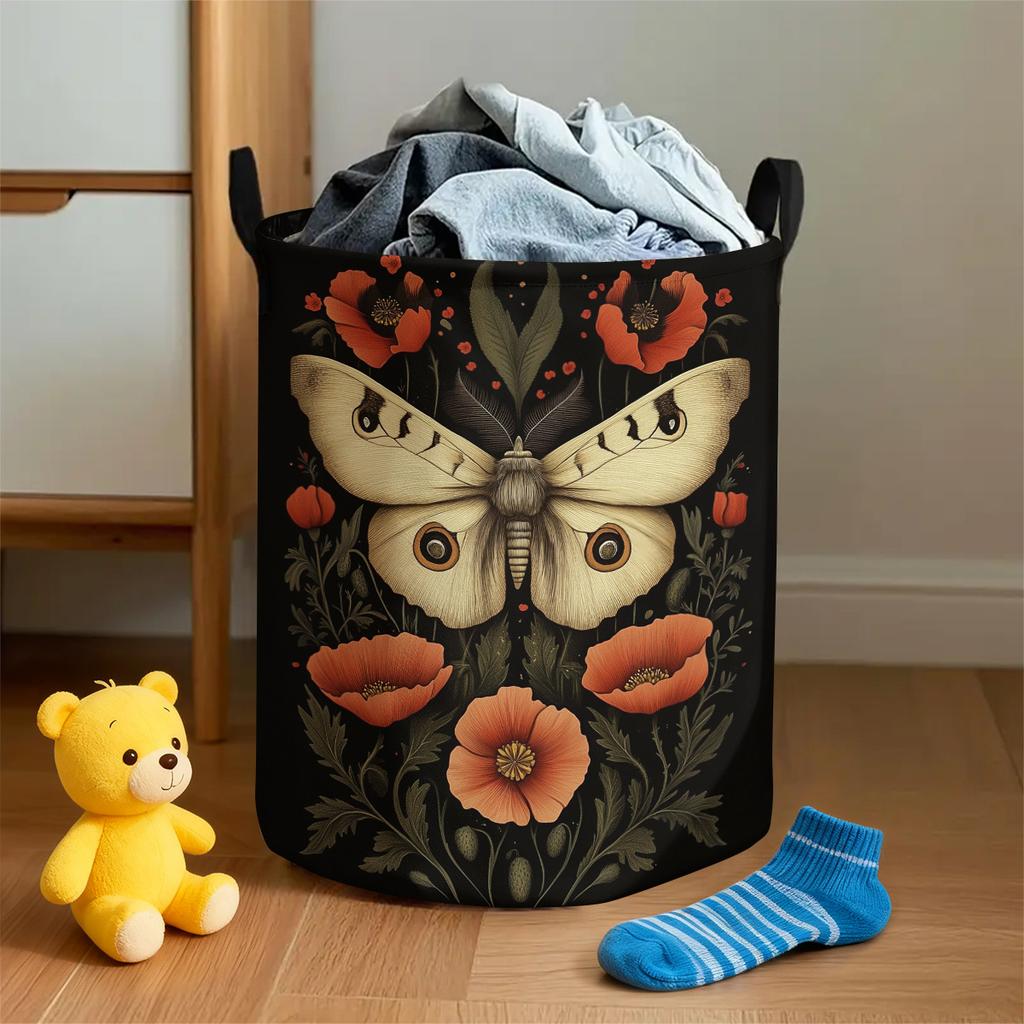 1pc Large Capacity Foldable Laundry Basket | Heavy-Duty Round Hamper With Butterfly And Floral Print, Suitable For Clothes,, Dorms - Portable Storage