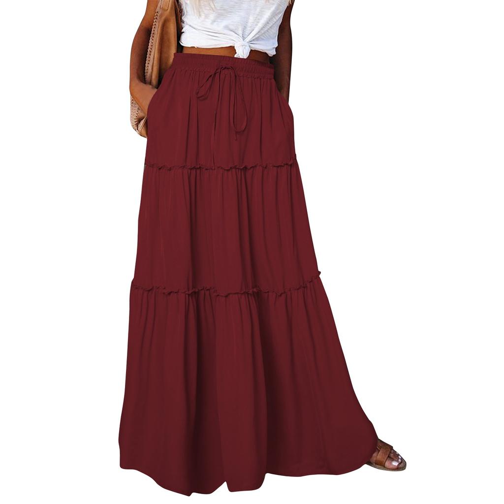 Women's Fashion Solid Color Elastic Waist Skirt Loose Casual High Waist Tie Long Skirt