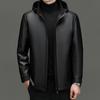 Осенне-зимняя мужская кожаная куртка для пап среднего возраста с капюшоном, съемная, повседневная утепленная куртка-пуховик, кожаная куртка