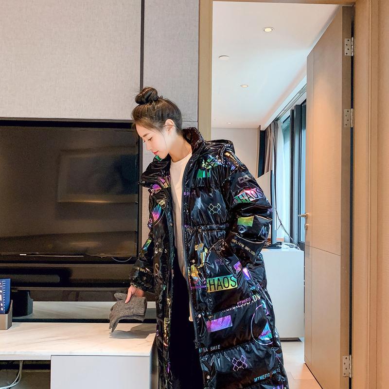 Autumn And Winter Black Bright Face Down Cotton Coat Women's Mid Length Thick Cotton Coat Over Knee