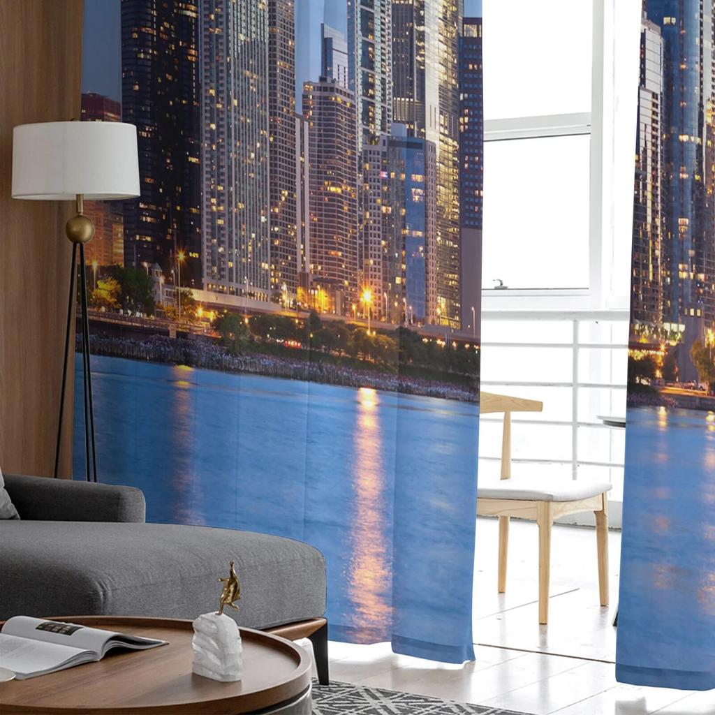 City Sea Evening Tulle Curtains for Bedroom Hall Living Room Decor Chiffon Curtain for Balcony Kitchen Home Drapes