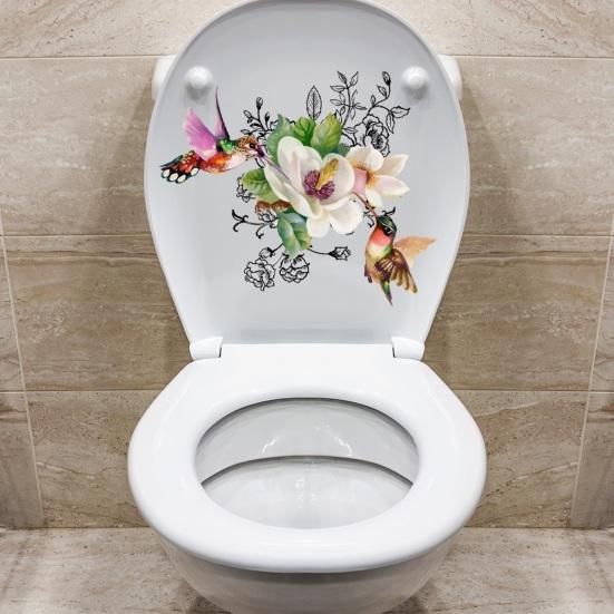 Flower Bird Toilet Sticker Waterproof Removable Self-adhesive PVC Living Room Bathroom Wall Art Floral Animal Toilet Seat Lid Decoration Decal