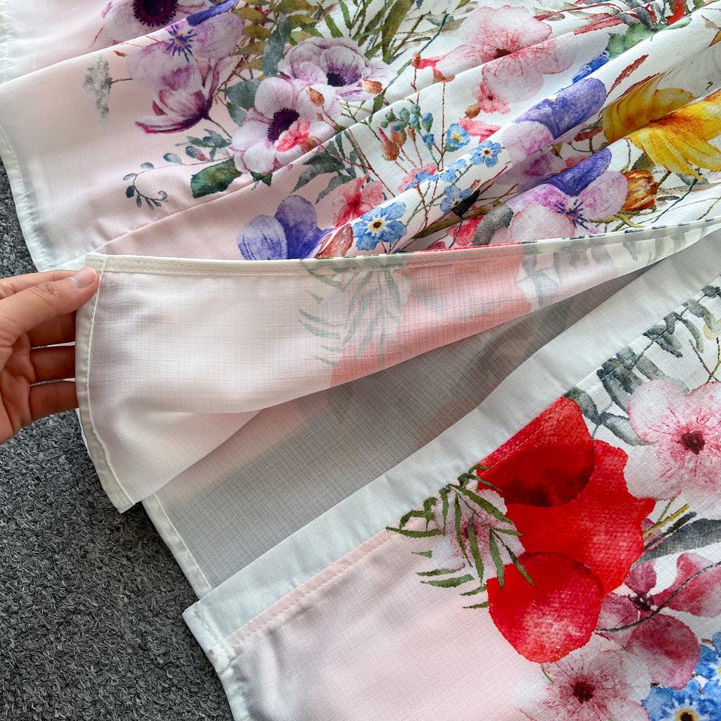 Spring Summer Women Retro Print Single Breasted Long Maxi Big Swing Vacation Beach Dresses with Belt