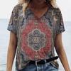 New Women T-shirt Ethnic Pattern Print Oversized Women's Trending Clothing Fashion Short Sleeve Shirt Women V-Neck Blouse 2024