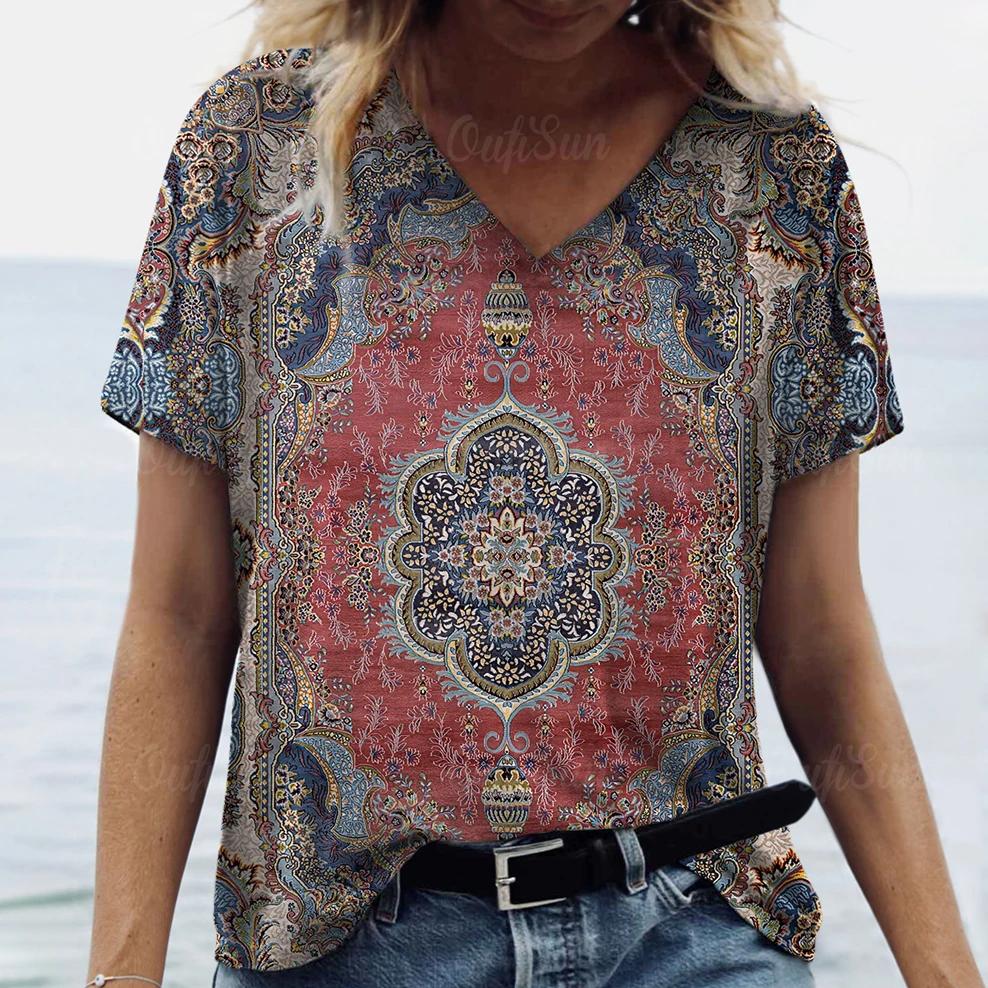 New Women T-shirt Ethnic Pattern Print Oversized Women's Trending Clothing Fashion Short Sleeve Shirt Women V-Neck Blouse 2024