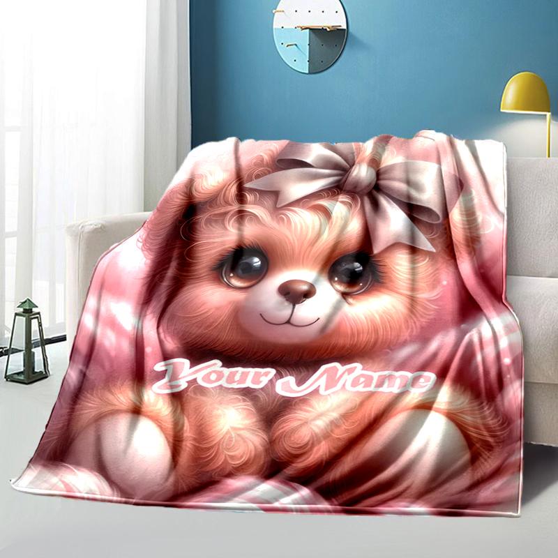 1PC Custom Name Pink Teddy Bear Bow Flannel blankets Patterns Throw Blanket All-Season Soft Gift for Couch, Bed, Camping gifts