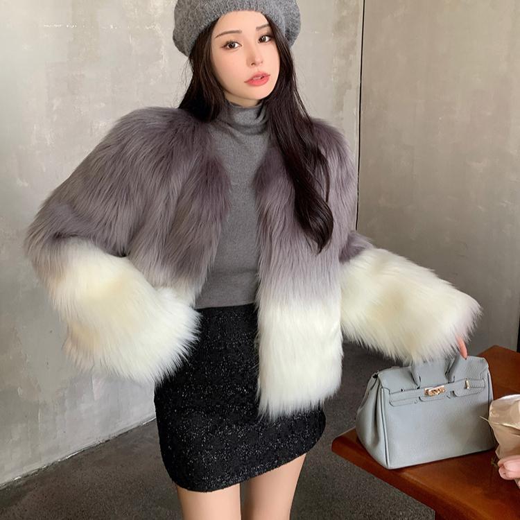 Женская мода градиент цвета искусственного меха пальто осень зима элегантная теплая верхняя одежда женские куртки из искусственного меха